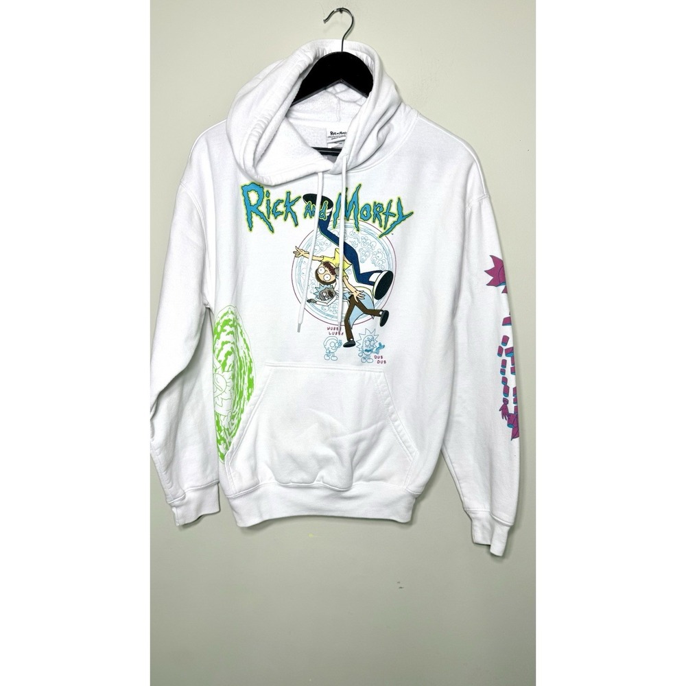Rick and Morty Adult Swim Graphic Hoodie Sweatshirt Mens Small White Glitch Rick